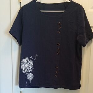Navy Blue Short Sleeve Top with Dandelion Design